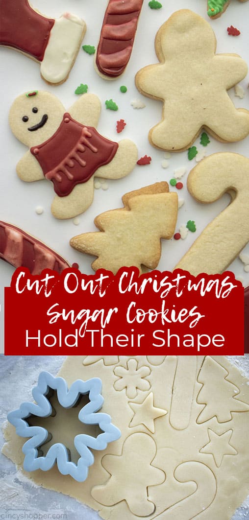 Long pin collage with banner text Cut Out Christmas Sugar Cookies Hold their Shape