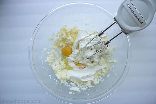 Eggs and sour cream added to butter mixture