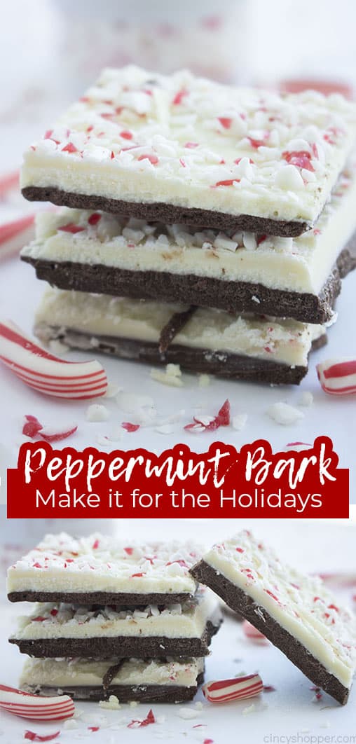 Long pin collage with banner text Peppermint Bark Make it for the Holidays