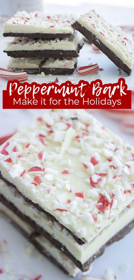 Long pin collage with banner text Peppermint Bark Make it for the Holidays