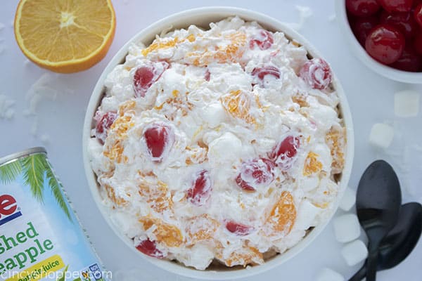 Bowl with fluffy old fashioned ambrosia salad