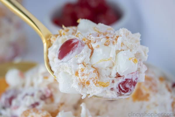 Easy Ambrosia Salad on a spoon