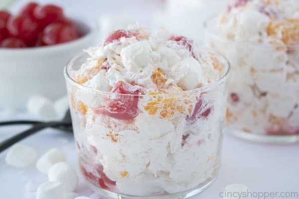 Clear dessert dish with ambrosia salad