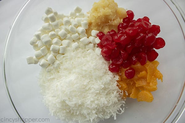 Fruit fluff salad ingredients in bowl