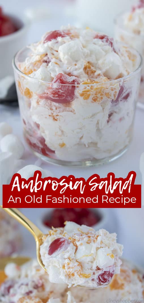 Long pin collage with banner text Ambrosia Salad An Old Fashioned Recipe