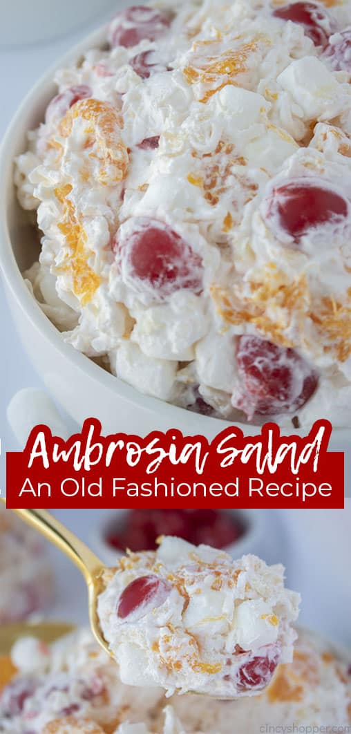 Long pin collage with banner text Ambrosia Salad An Old Fashioned Recipe