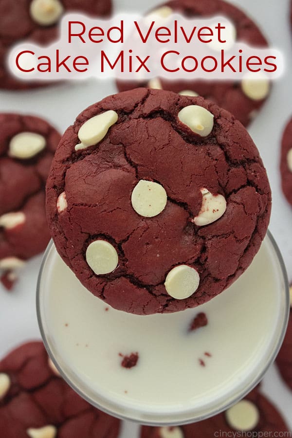 Text on image Red Velvet Cake Mix Cookies