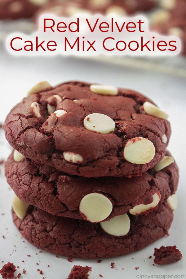 Text on image Red Velvet Cake Mix Cookies