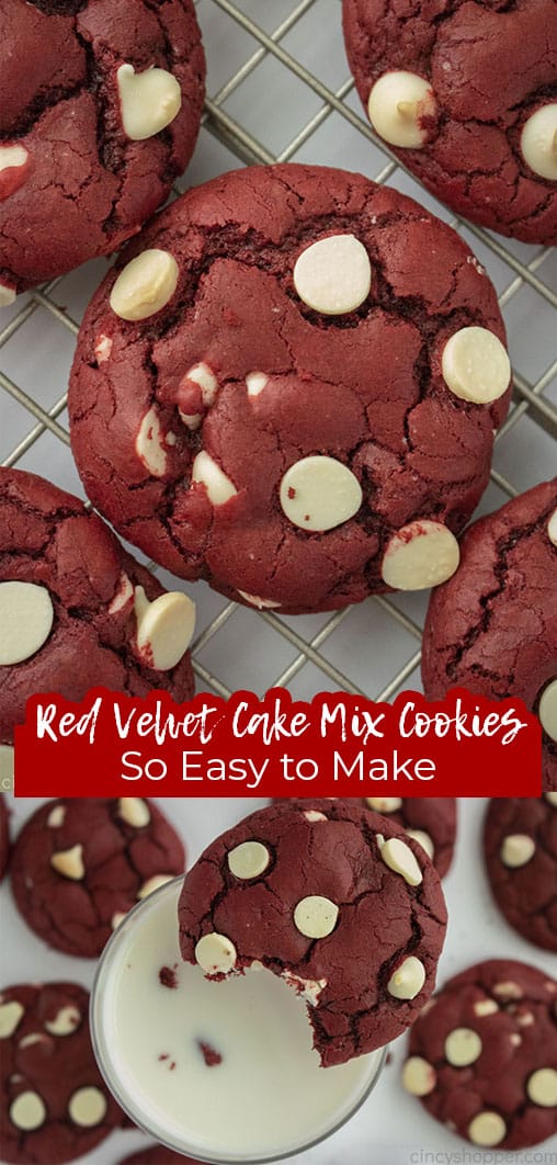 Long pin collage with banner Red Velvet Cake Mix Cookies So Easy to Make