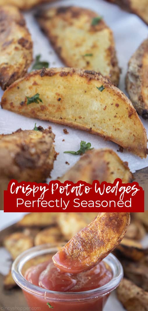 Long pin collage with banner Text on image Crispy Potato Wedges Perfectly Seasoned