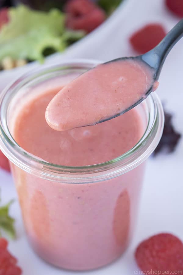 Raspberry Salad dressing on a spoon