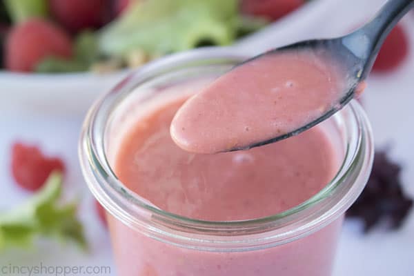 Homemade Raspberry Vinaigrette on a spoon