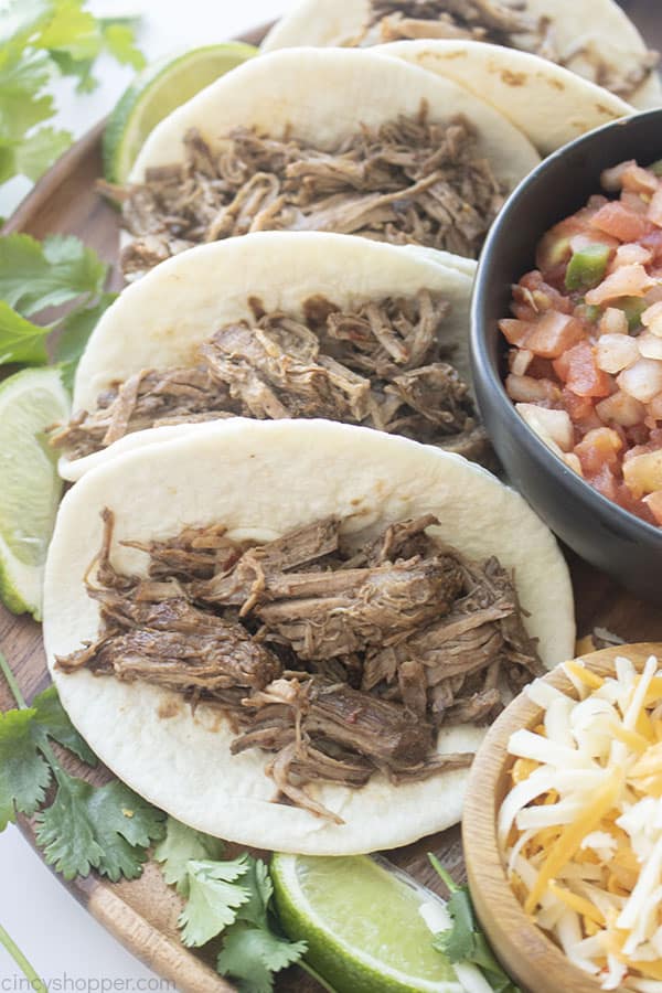 Homemade Beef Barbacoa on flour tortillas