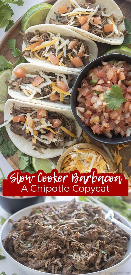 Long pin collage with text Slow Cooker Barbacoa A Chipotle CopyCat