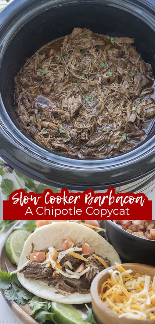 Long pin collage with text Slow Cooker Barbacoa A Chipotle CopyCat