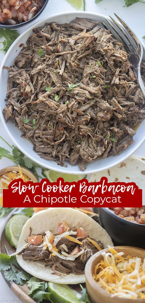 Long pin collage with text Slow Cooker Barbacoa A Chipotle CopyCat