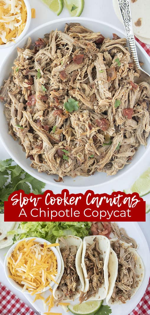 Long pin collage with text Slow Cooker Carnitas A Chipotle CopyCat