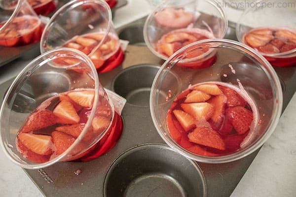 Strawberries added to jello mixture