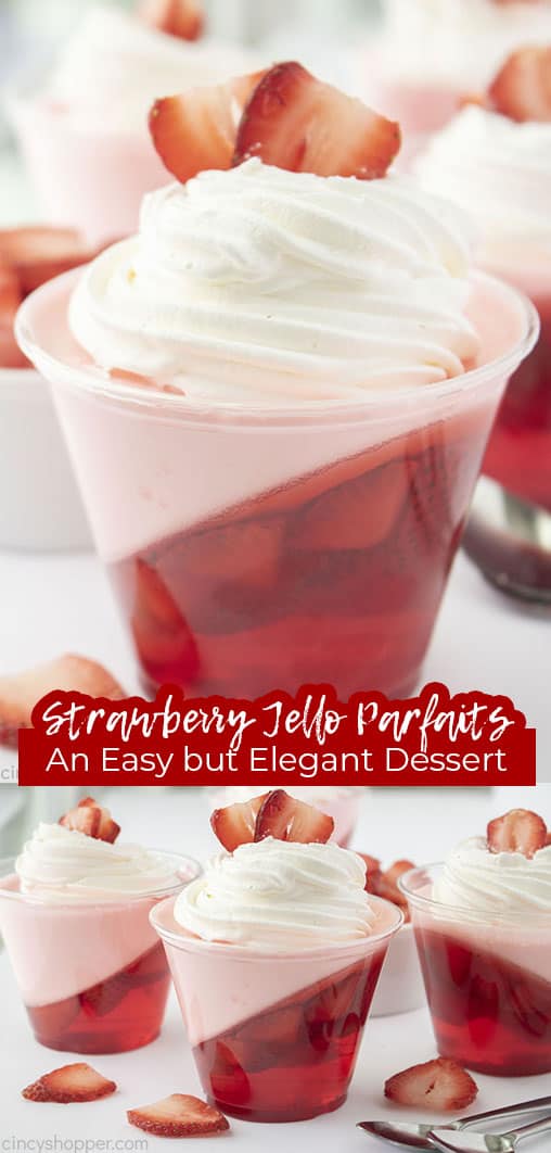 Long pin collage with text Strawberry Jello Parfaits An Easy but Elegant Dessert