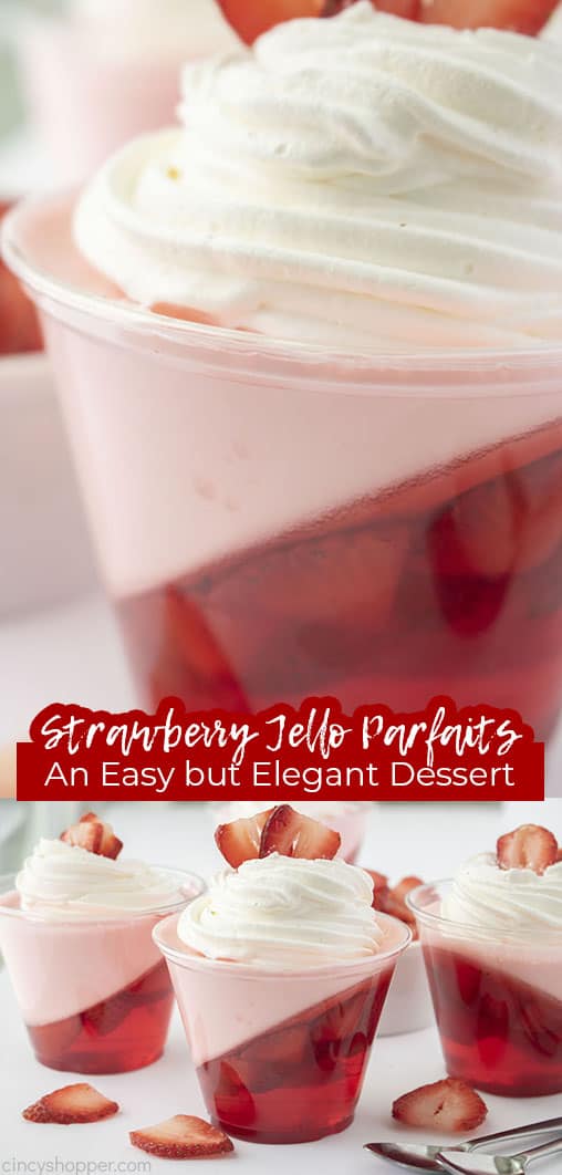 Long pin collage with text Strawberry Jello Parfaits An Easy but Elegant Dessert