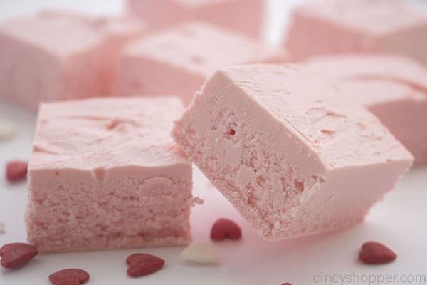 Two pieces of Strawberry Easy fudge