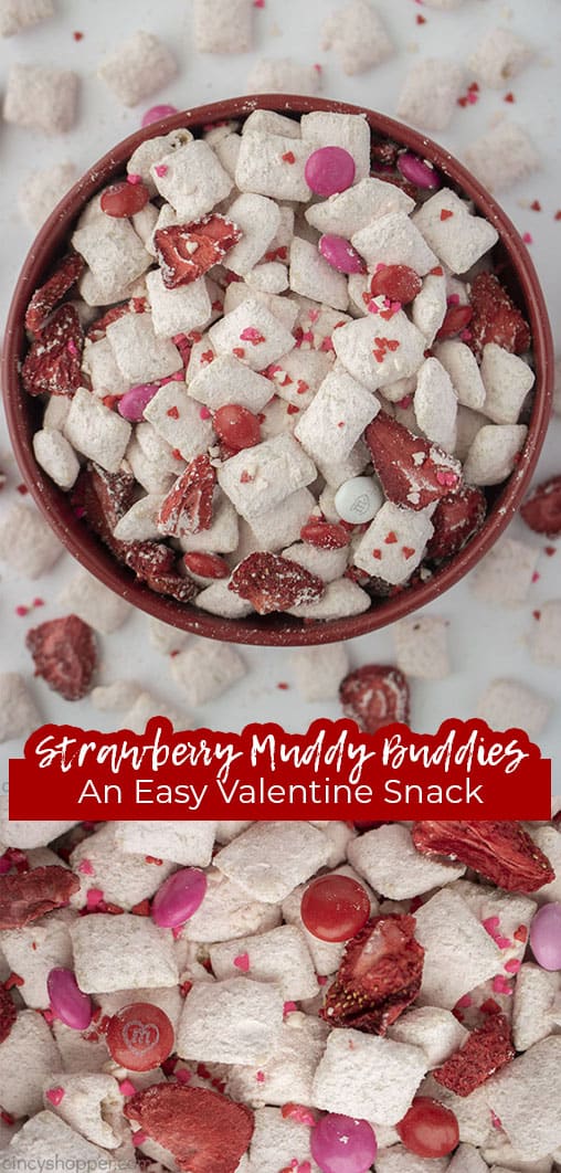 Long pin collage with text banner Strawberry Muddy Buddies An Easy Valentine Snack