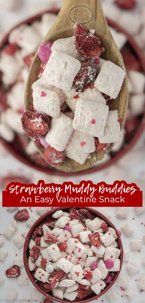 Long pin collage with text banner Strawberry Muddy Buddies An Easy Valentine Snack