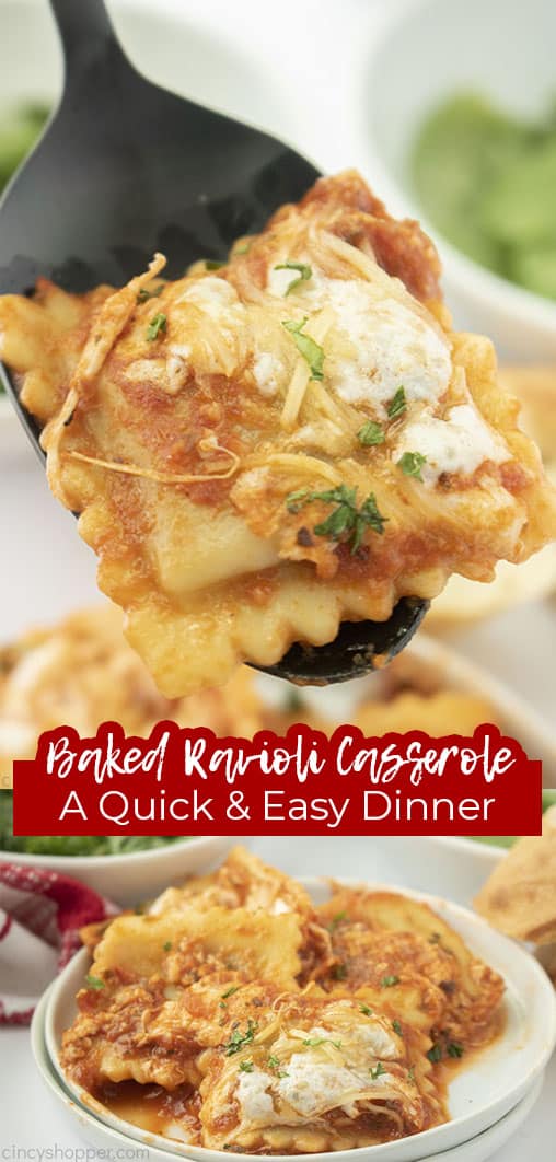 Long pin collage with text Baked Ravioli Casserole A Quick & Easy Dinner