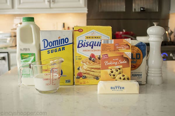 Ingredients to make Southern Buttermilk Bisquick Biscuits