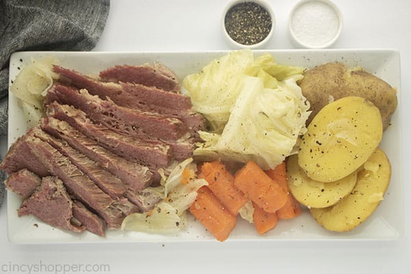 Platter with Irish Corned Beef and cabbage with veggies