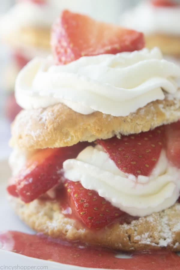 Closeup of strawberry shortcake with biscuits 