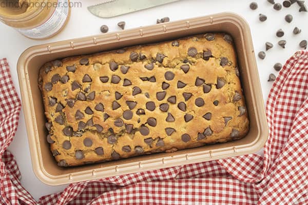 Peanut Butter and Chocolate Chip bread in a loaf pan