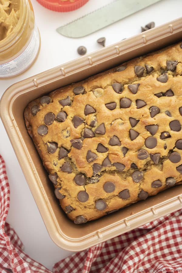 Peanut Butter quick bread with chocolate chips in pan