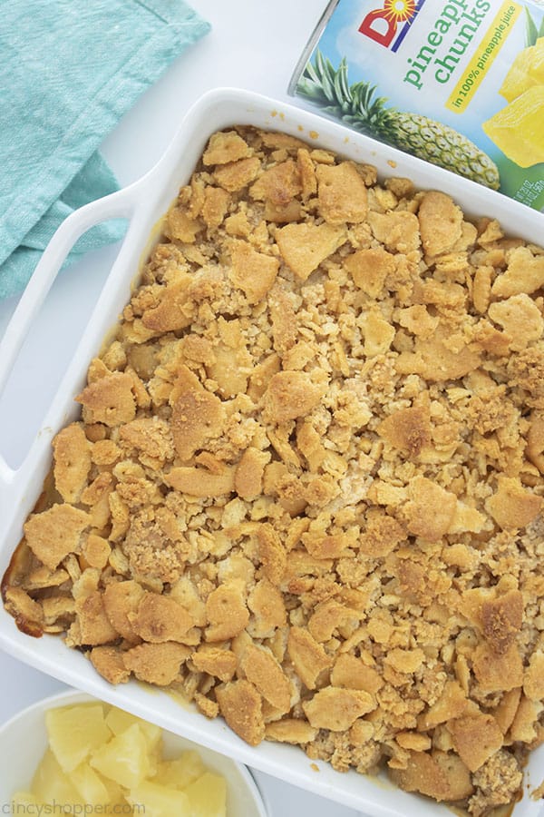 Southern Pineapple Casserole in a white dish