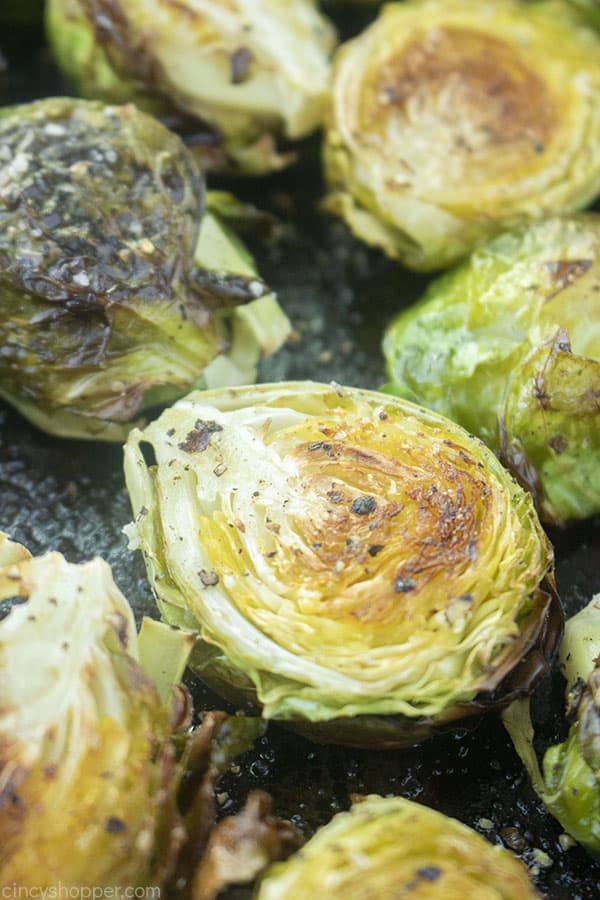 Brussel Sprouts oven roasted on a sheet pan