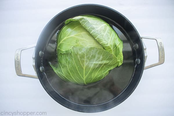 Cabbage head in pot with water for boiling