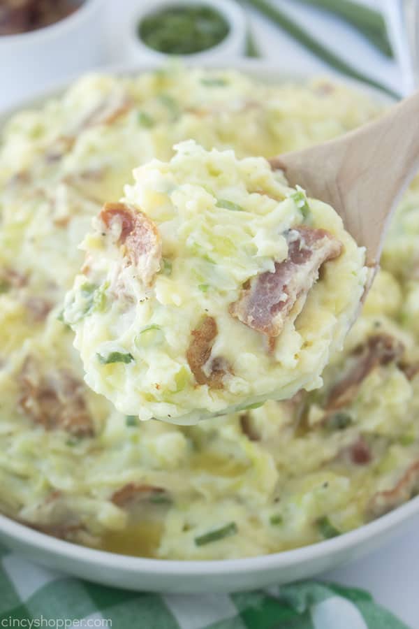 The best Colcannon potatoes on a wooden spoon