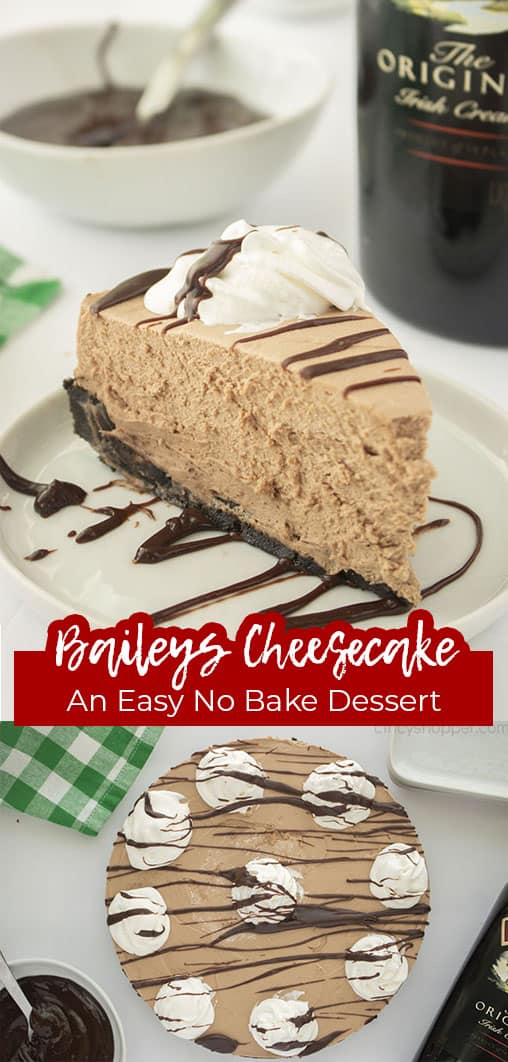 Long pin collage with text Bailey's Cheesecake An Easy No Bake Dessert
