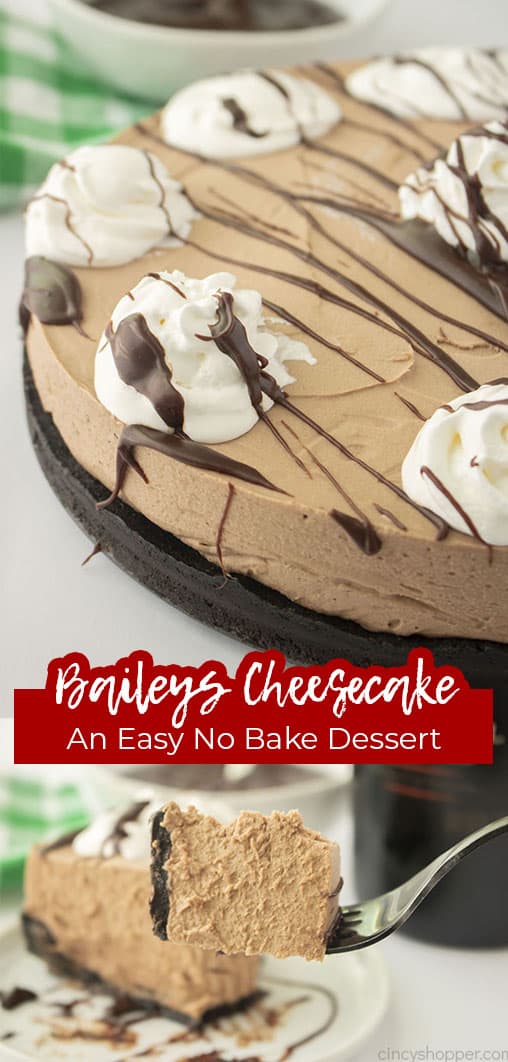 Long pin collage with text Bailey's Cheesecake An Easy No Bake Dessert