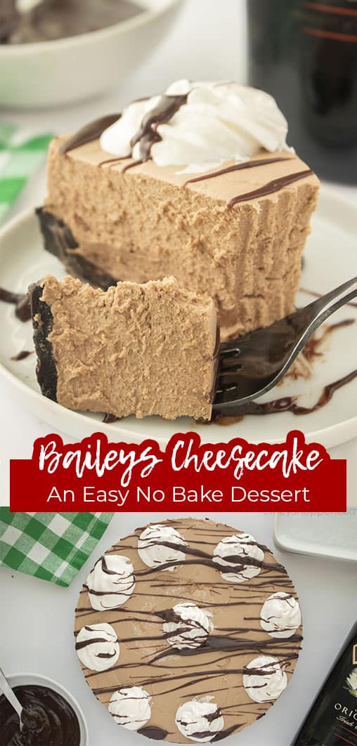 Long pin collage with text Bailey's Cheesecake An Easy No Bake Dessert