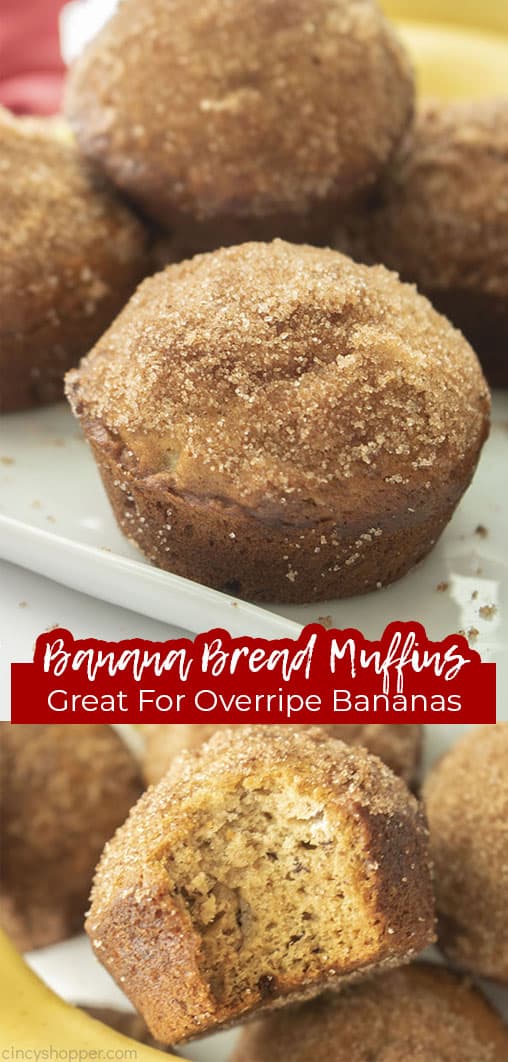 Long pin collage with text Banana Bread Muffins Great for Overripe Bananas