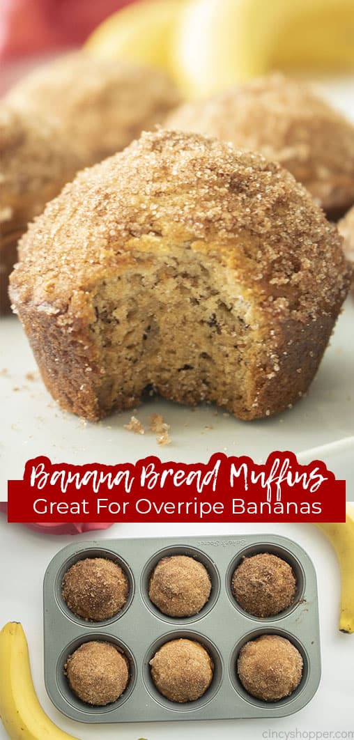 Long pin collage with text Banana Bread Muffins Great for Overripe Bananas