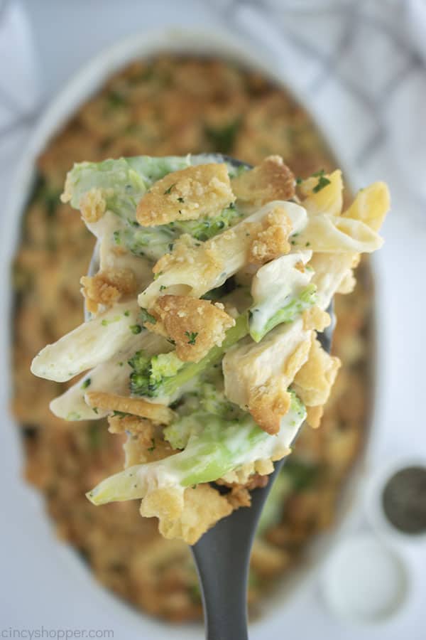 Alfredo Chicken Broccoli Casserole on a spoon