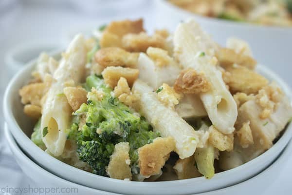 penne pasta chicken casserole with ritz cracker topping