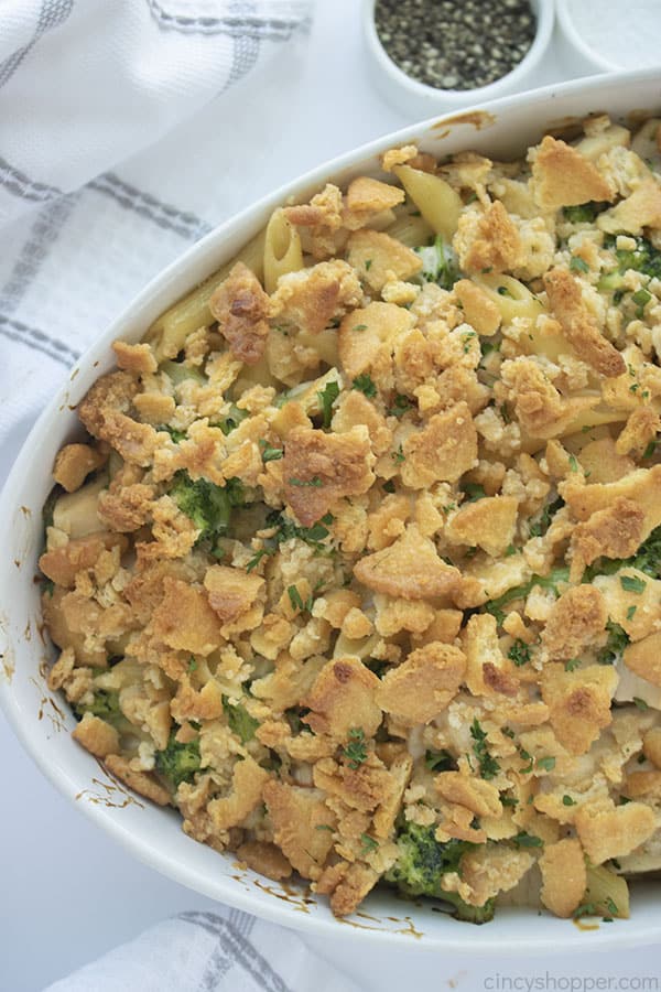 chicken broccoli cheese casserole with ritz cracker topping