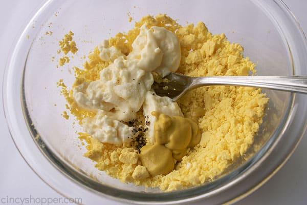 Mayo, mustard, vinegar, salt, and pepper added to egg yolks