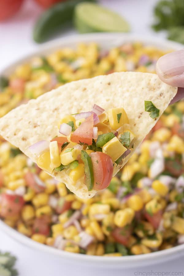 Fresh Corn Salsa on a tortilla chip