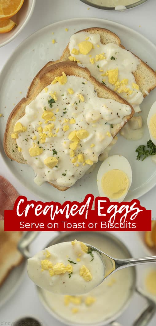 Long pin collage with text Creamed Eggs Serve on Toast or Biscuits