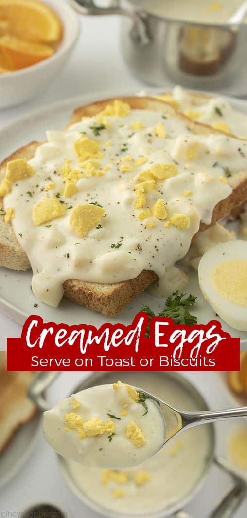 Long pin collage with text Creamed Eggs Serve on Toast or Biscuits