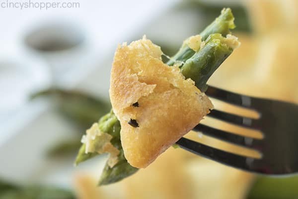 Pastry asparagus on a fork